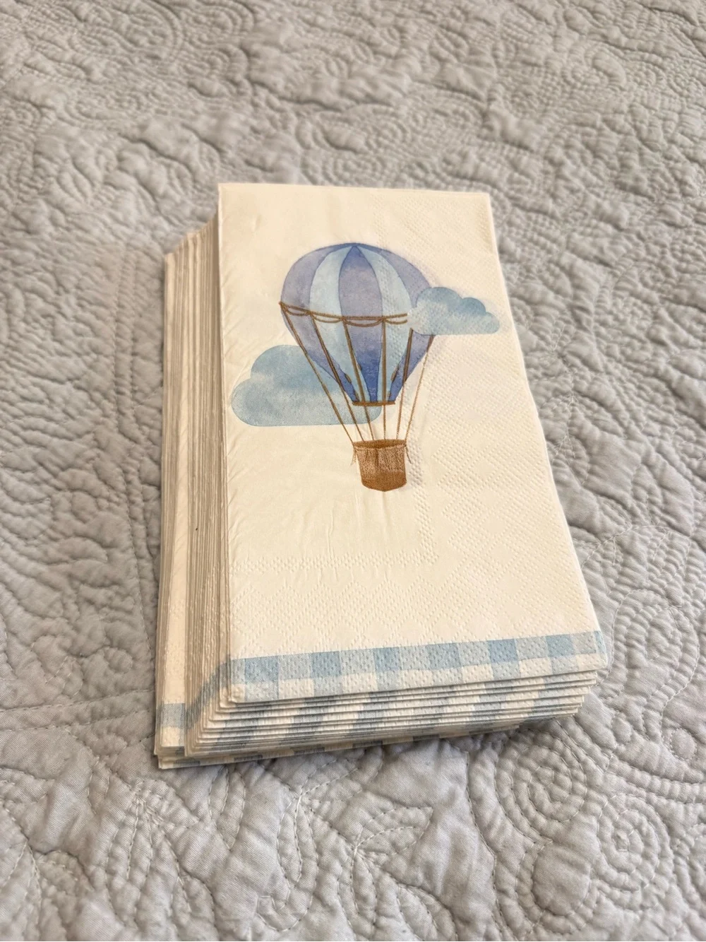 Blue gingham hot air balloon plates and napkins and it’s a boy napkins